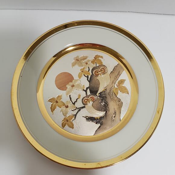 Vintage 1983 Art Of Chokin 24kt Gold Edged Gilt Plate Owl in Tree 9" Japan - Picture 2 of 8